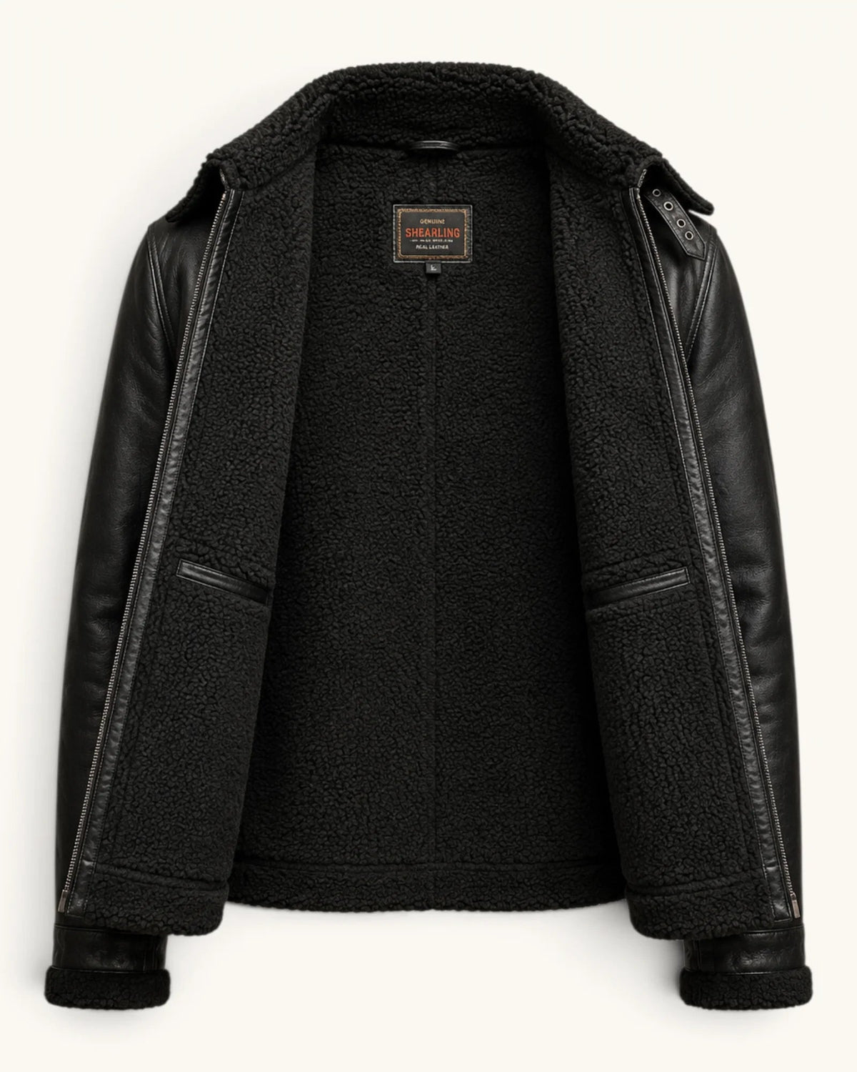Men’s Black Genuine Sheep Leather Jacket with Sherpa Fur Lining