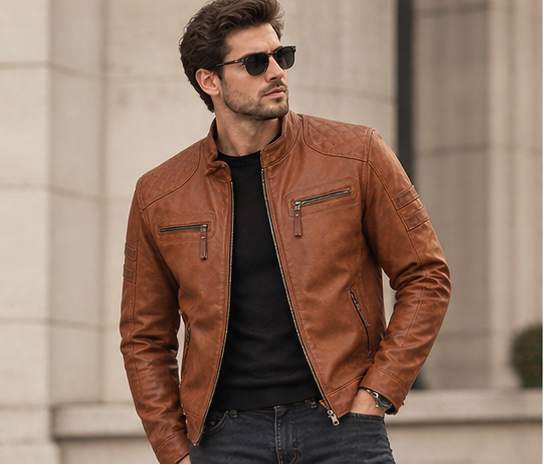 A collage showing a tan-brown leather jacket from multiple angles: three front/back views on a white background, a close-up of the zipper and collar, and three lifestyle photos of a man wearing the jacket outdoors.
