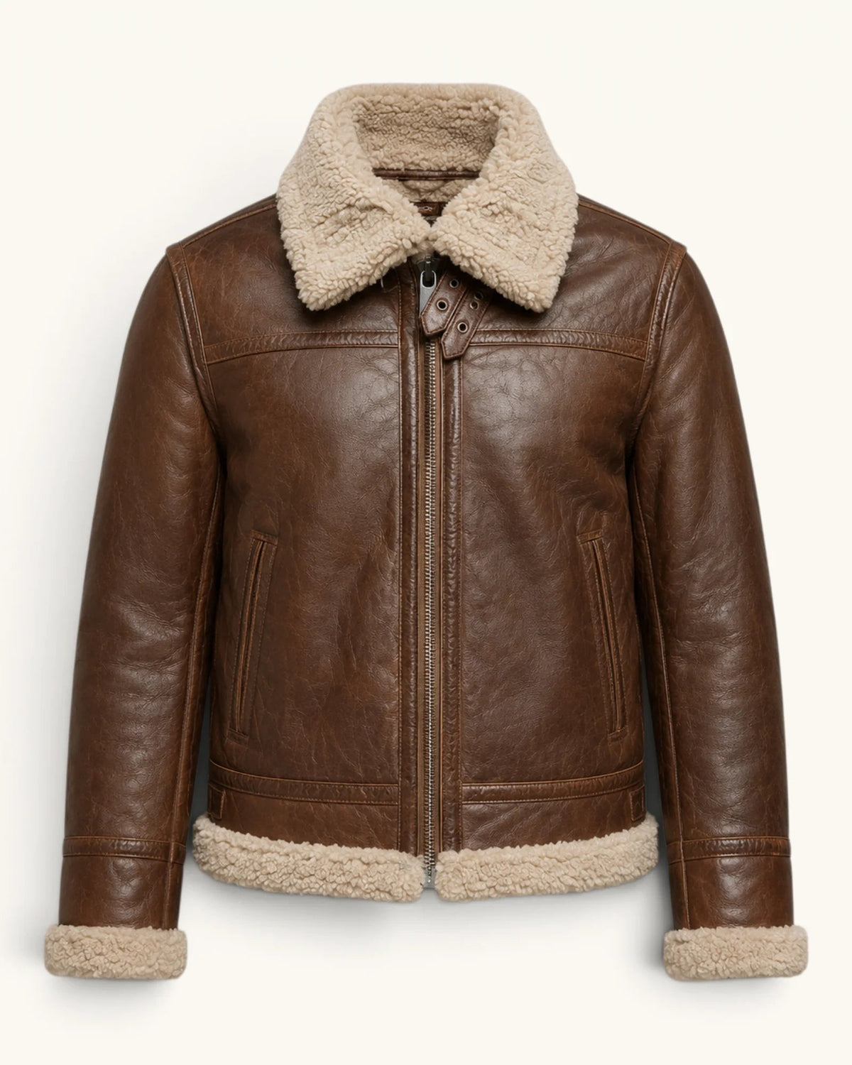 Men’s Waxed Tan Genuine Sheep Leather Jacket with Fur Collar