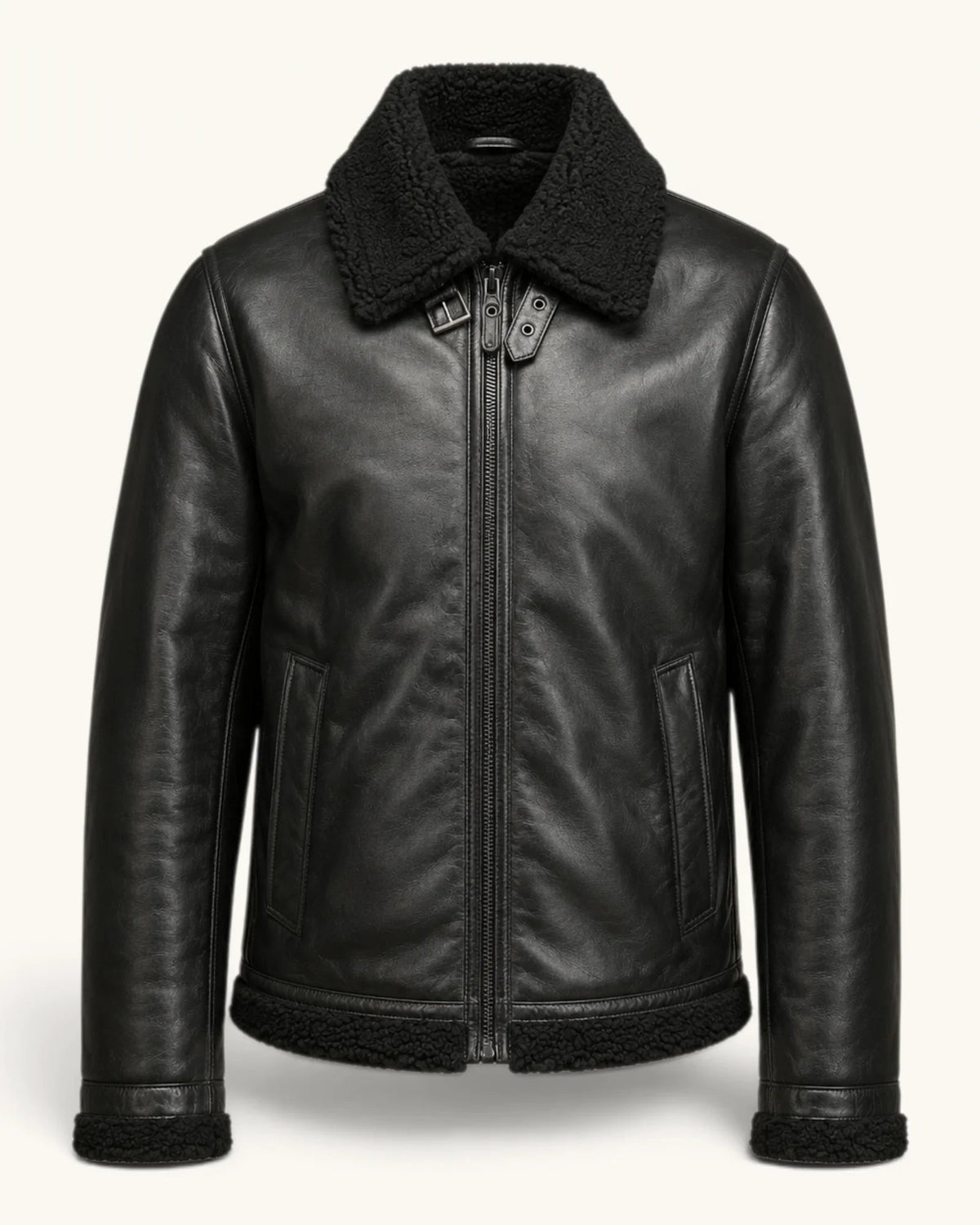 Men’s Black Genuine Sheep Leather Jacket with Sherpa Fur Lining
